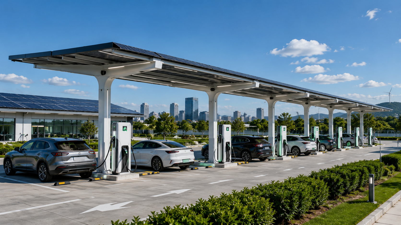 Aerial view of solar-powered EV charging carport