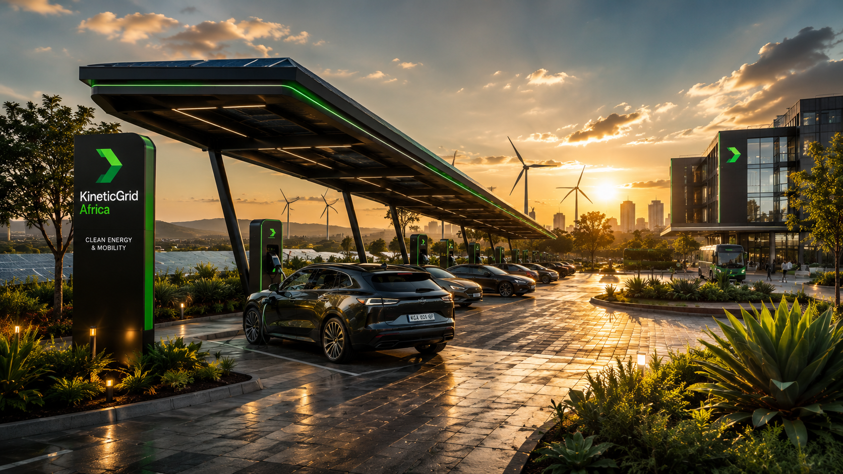 Electric buses charging under solar canopy